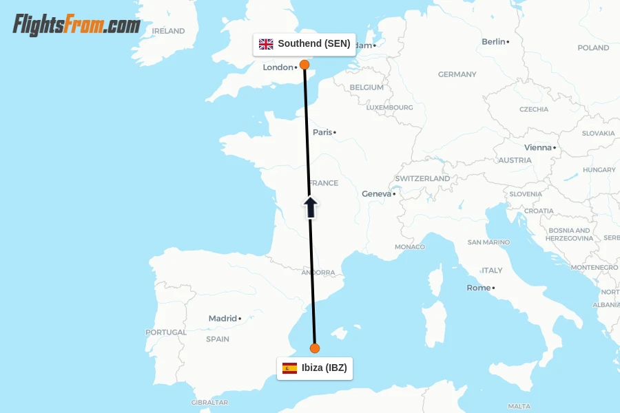 Flights from Ibiza to Southend route map