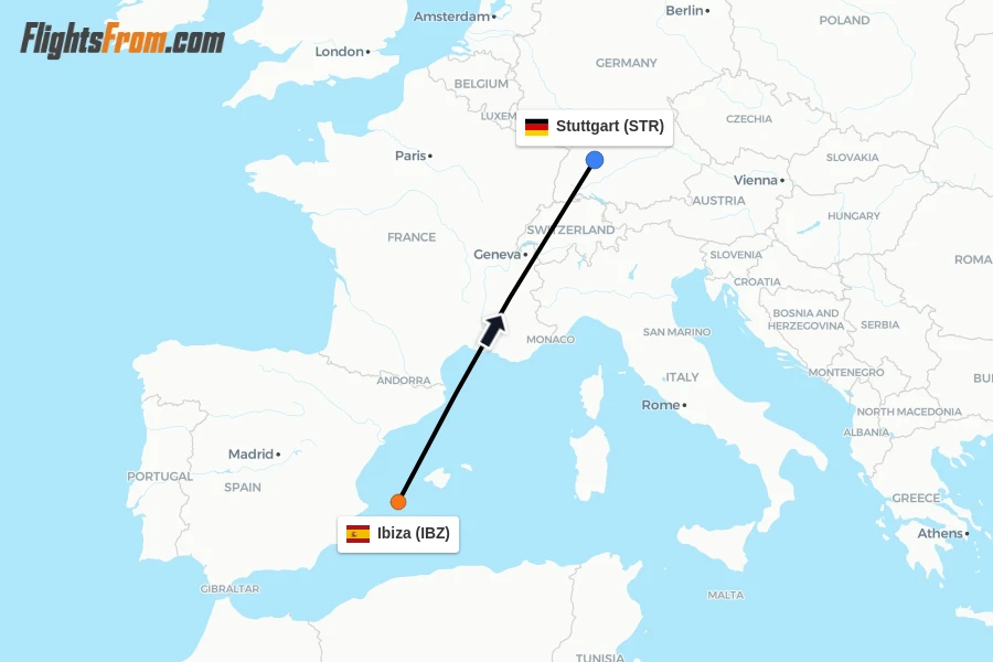 Flights from Ibiza to Stuttgart route map