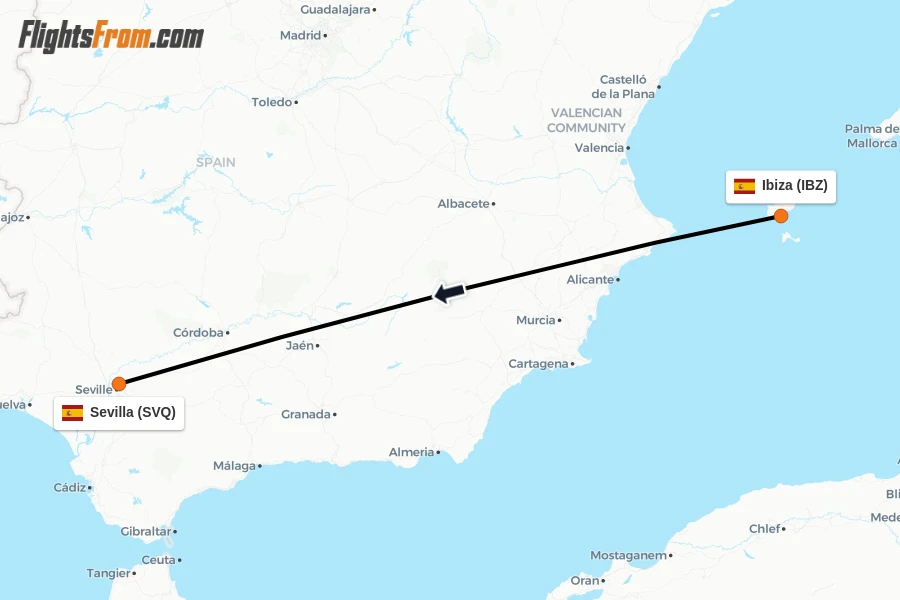 Flights from Ibiza to Sevilla route map