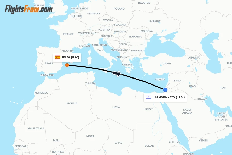 Flights from Ibiza to Tel Aviv-Yafo route map