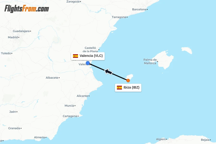 Flights from Ibiza to Valencia route map