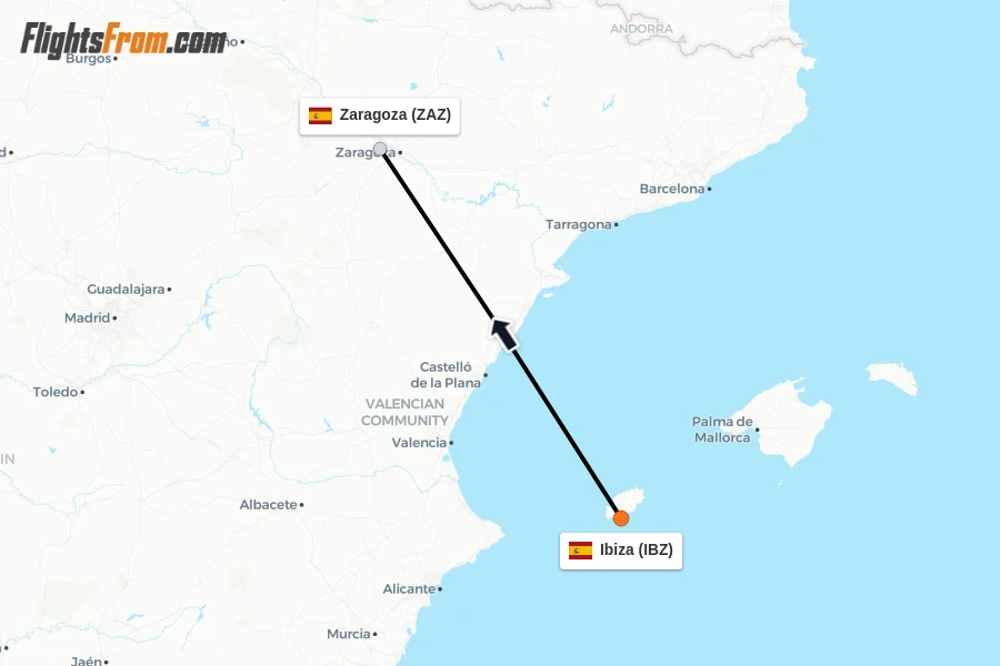 Flights from Ibiza to Zaragoza route map