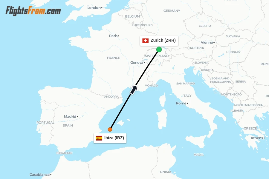 Flights from Ibiza to Zurich route map
