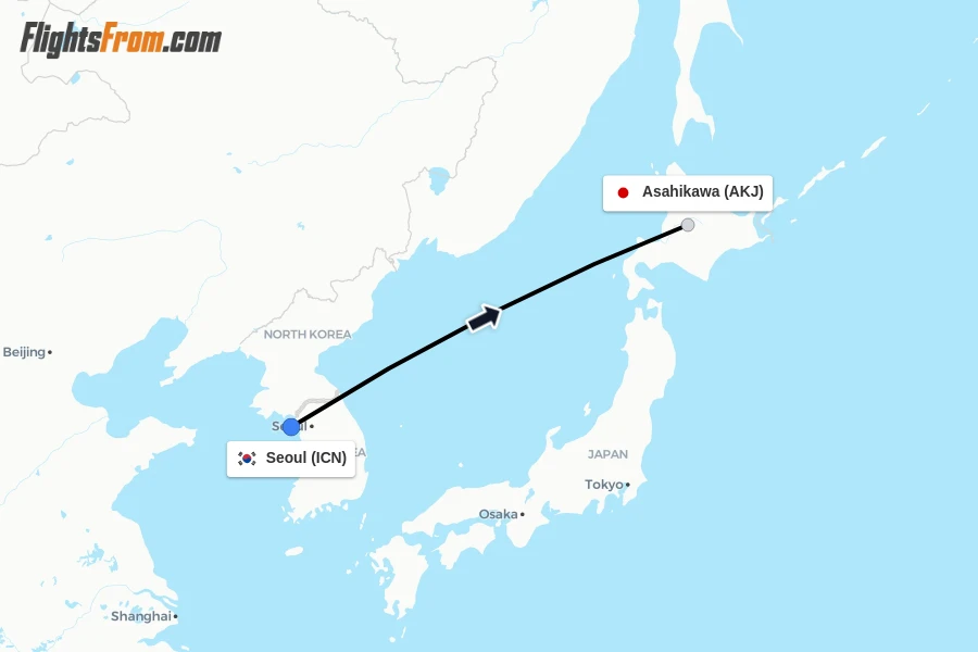 Flights from Seoul to Asahikawa route map