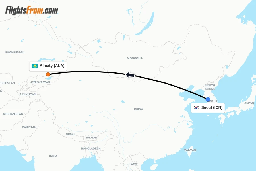 Flights from Seoul to Almaty route map