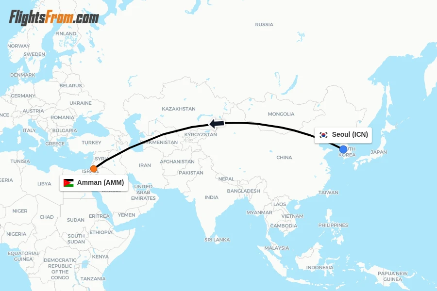 Flights from Seoul to Amman route map
