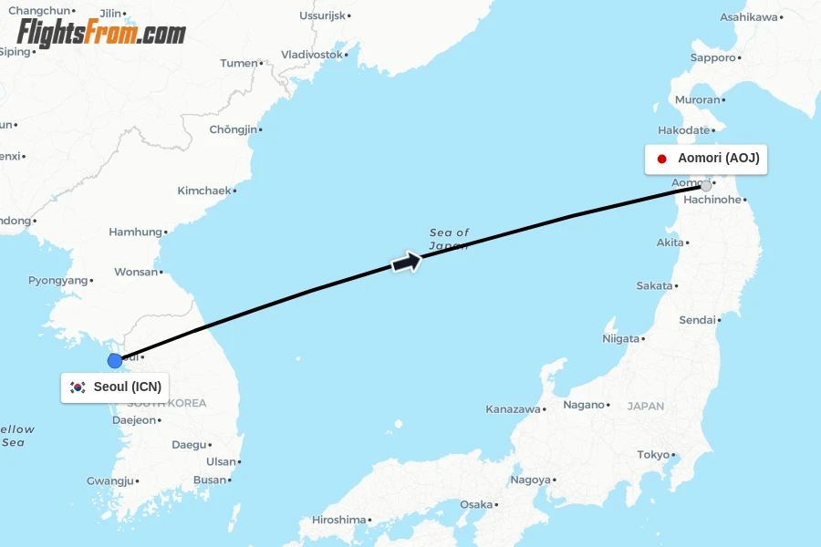 Flights from Seoul to Aomori route map