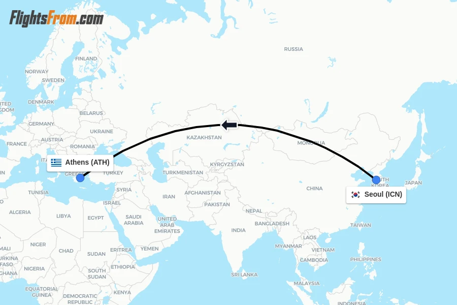 Flights from Seoul to Athens route map