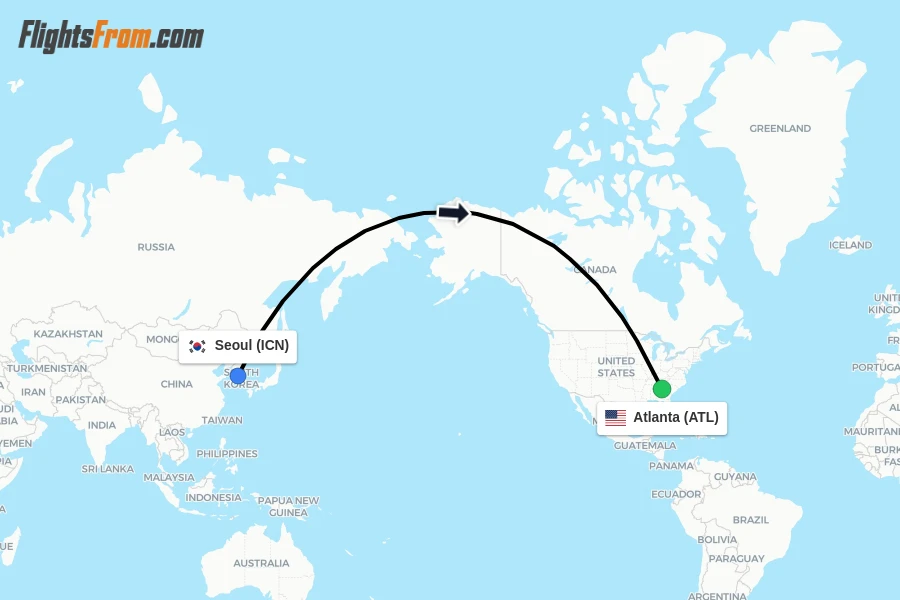Flights from Seoul to Atlanta route map
