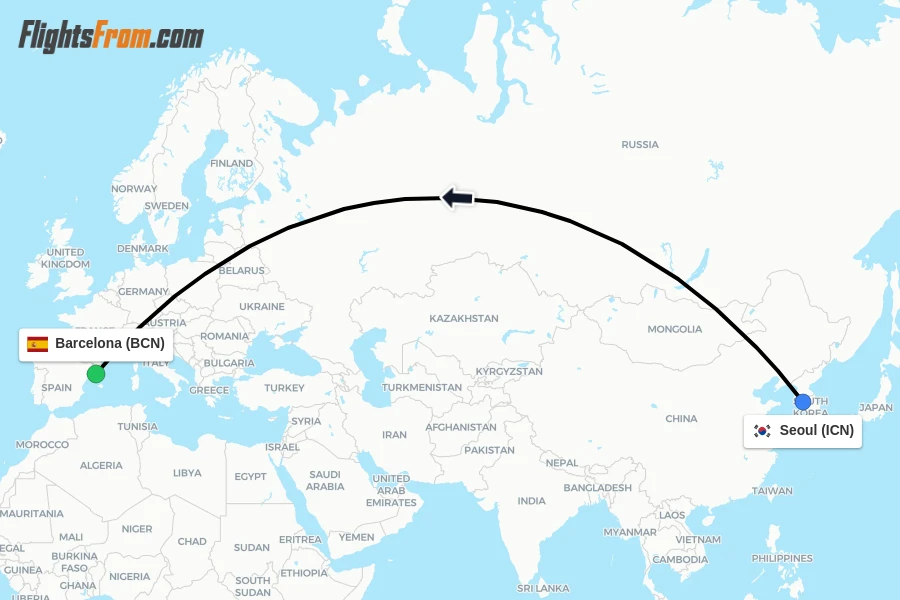 Flights from Seoul to Barcelona route map