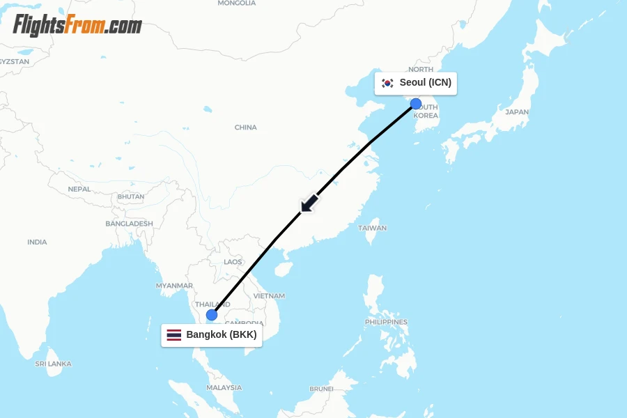 Flights from Seoul to Bangkok route map