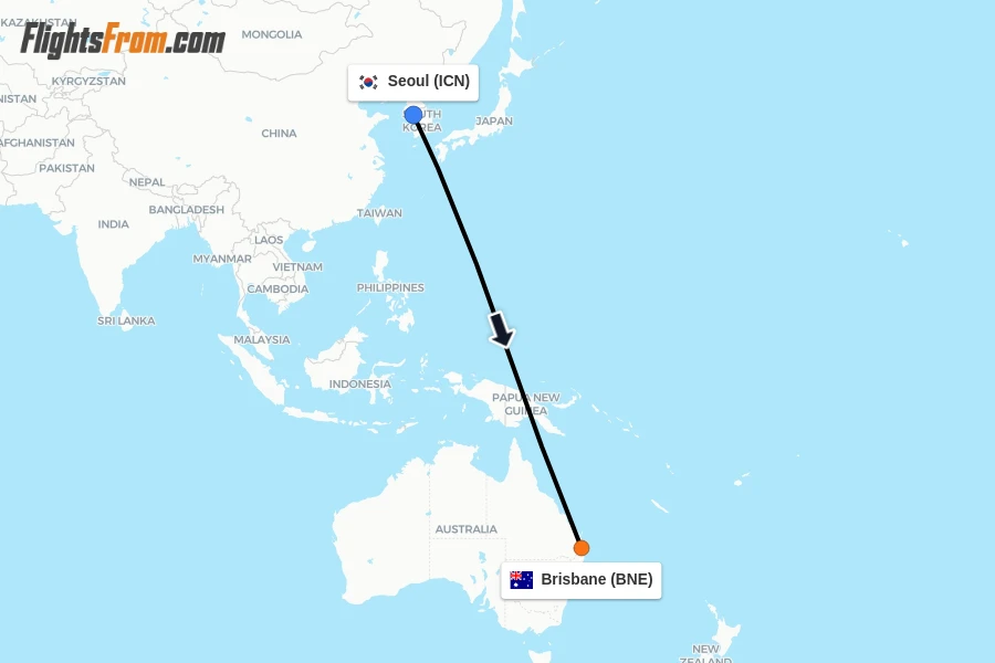 Flights from Seoul to Brisbane route map