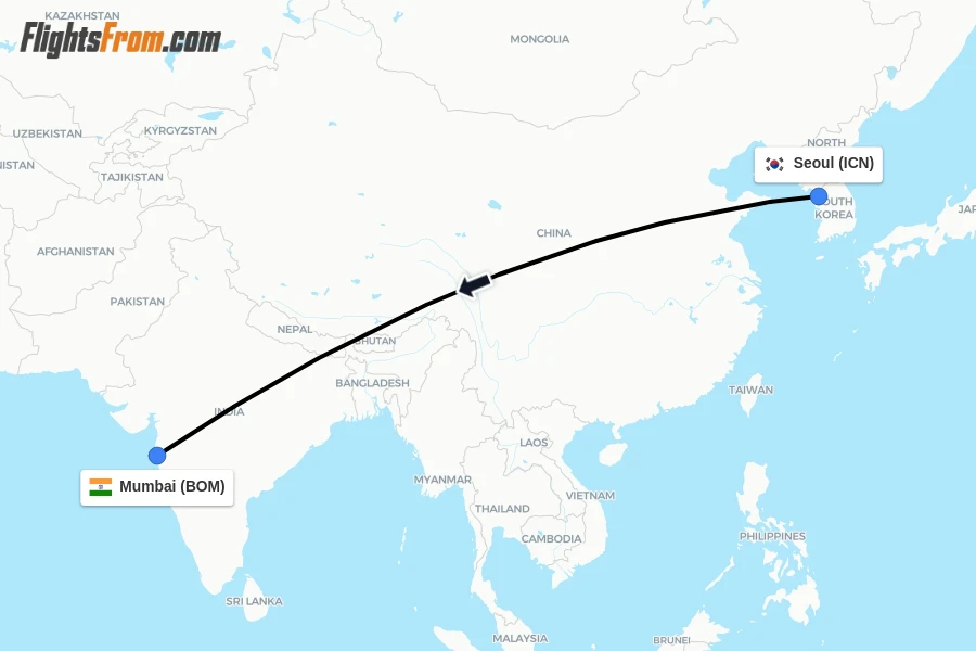 Flights from Seoul to Mumbai route map