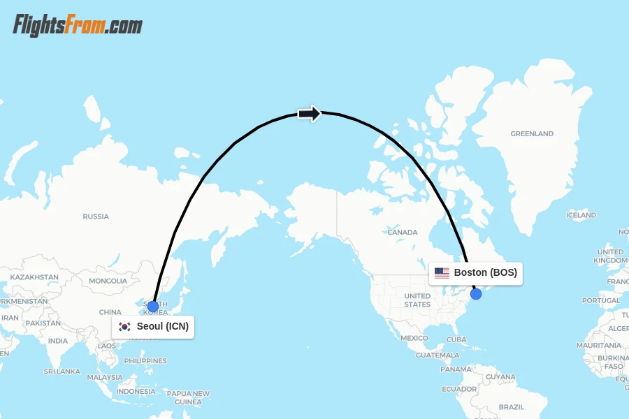 Flights from Seoul to Boston route map