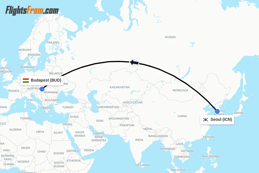 Flights from Seoul to Budapest route map
