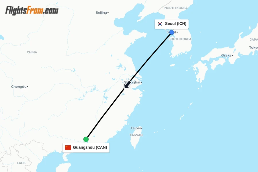 Flights from Seoul to Guangzhou route map