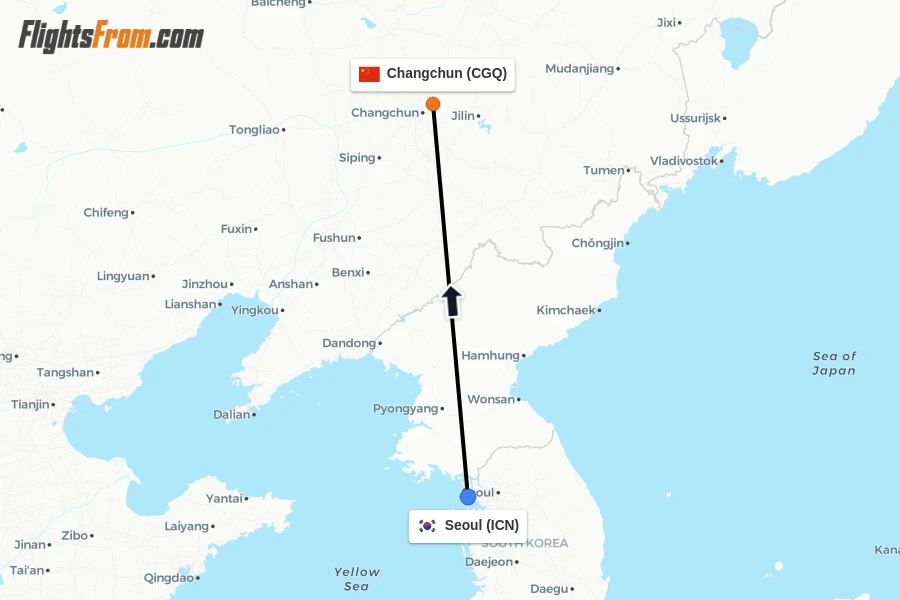 Flights from Seoul to Changchun route map