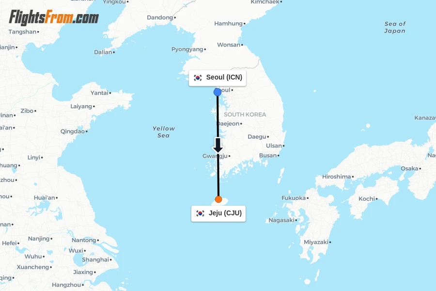 Flights from Seoul to Jeju route map