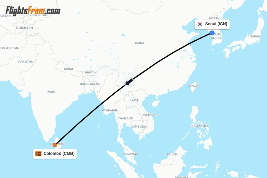 Flights from Seoul to Colombo route map