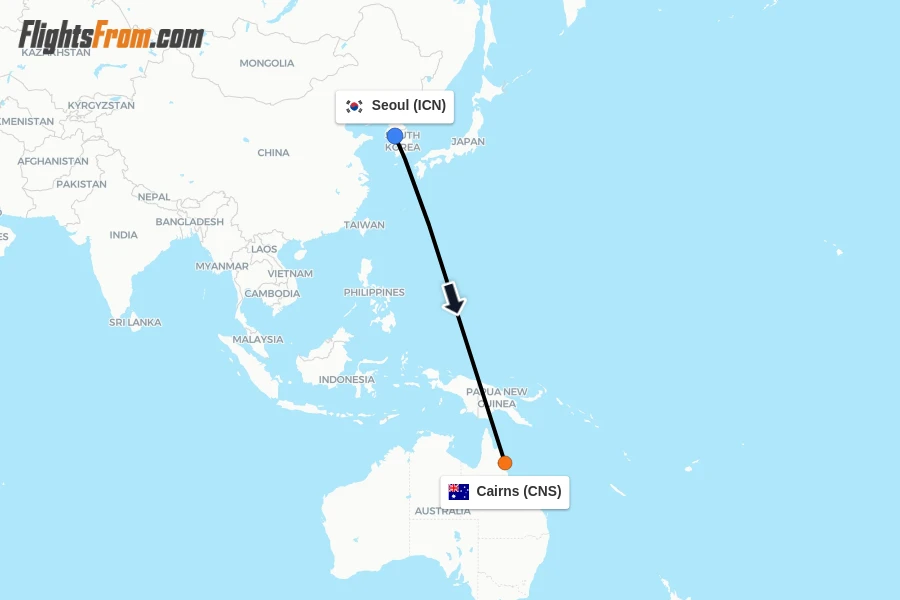 Flights from Seoul to Cairns route map