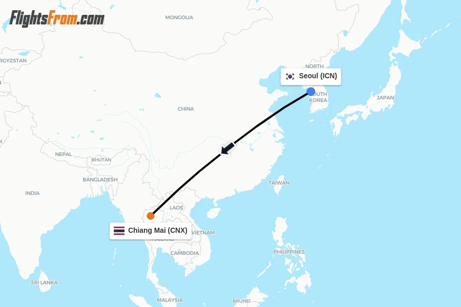 Flights from Seoul to Chiang Mai route map