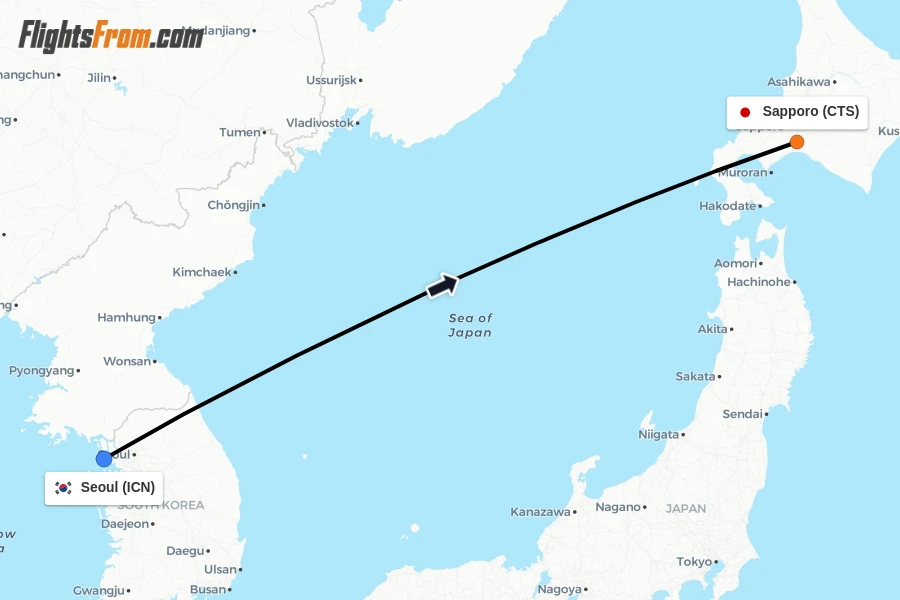 Flights from Seoul to Sapporo route map