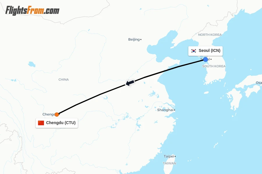Flights from Seoul to Chengdu route map