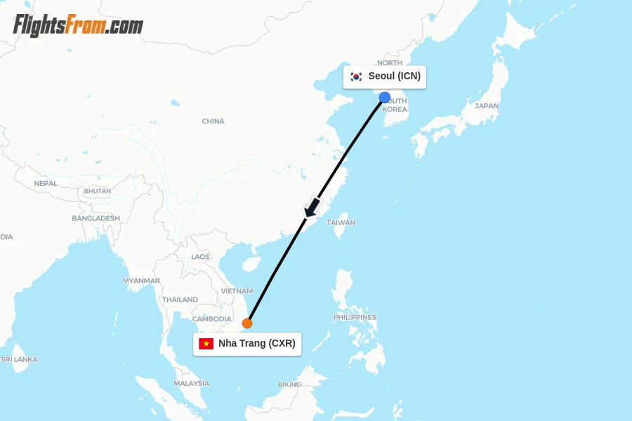 Flights from Seoul to Nha Trang route map