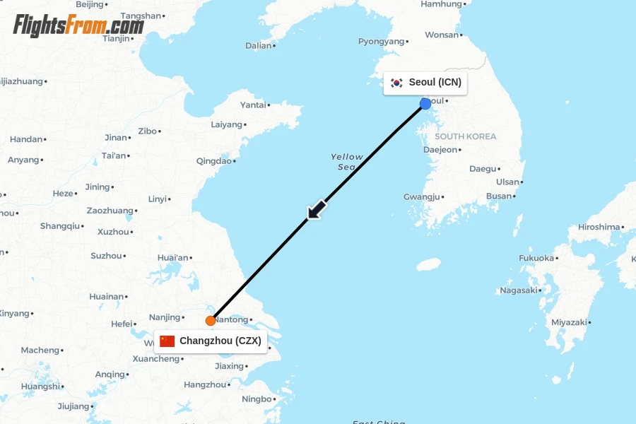 Flights from Seoul to Changzhou route map