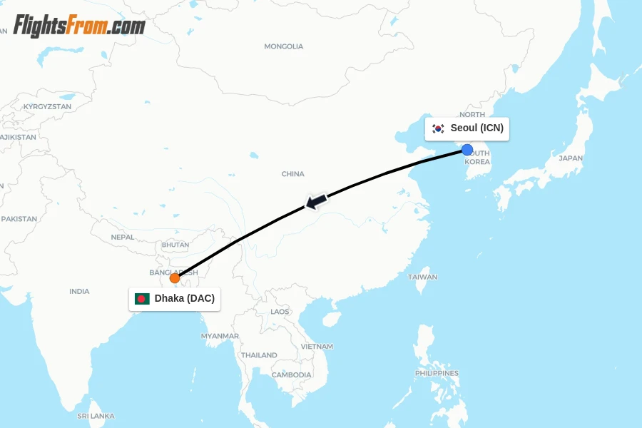 Flights from Seoul to Dhaka route map