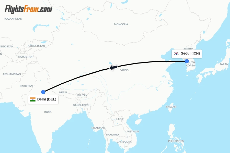Flights from Seoul to Delhi route map