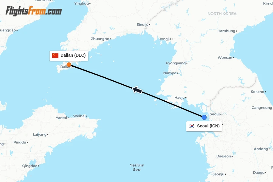 Flights from Seoul to Dalian route map