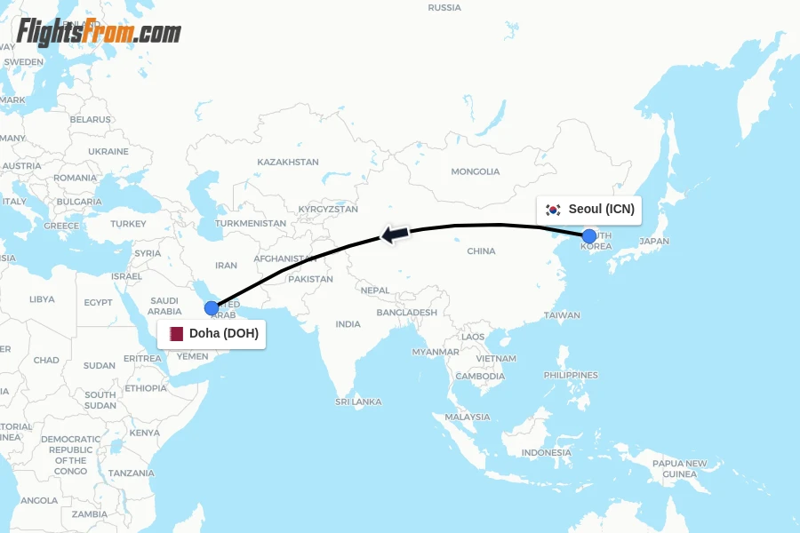 Flights from Seoul to Doha route map