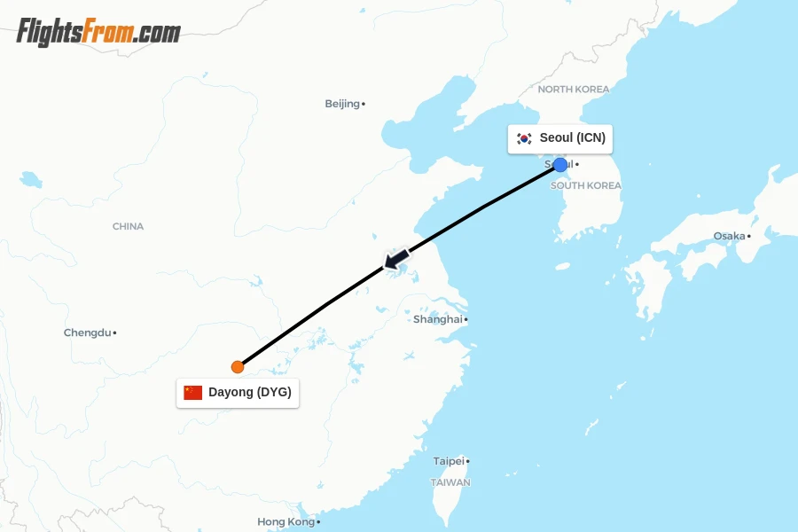 Flights from Seoul to Dayong route map