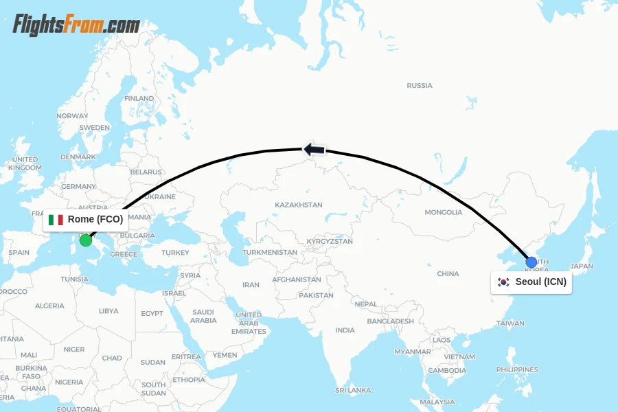 Flights from Seoul to Rome route map