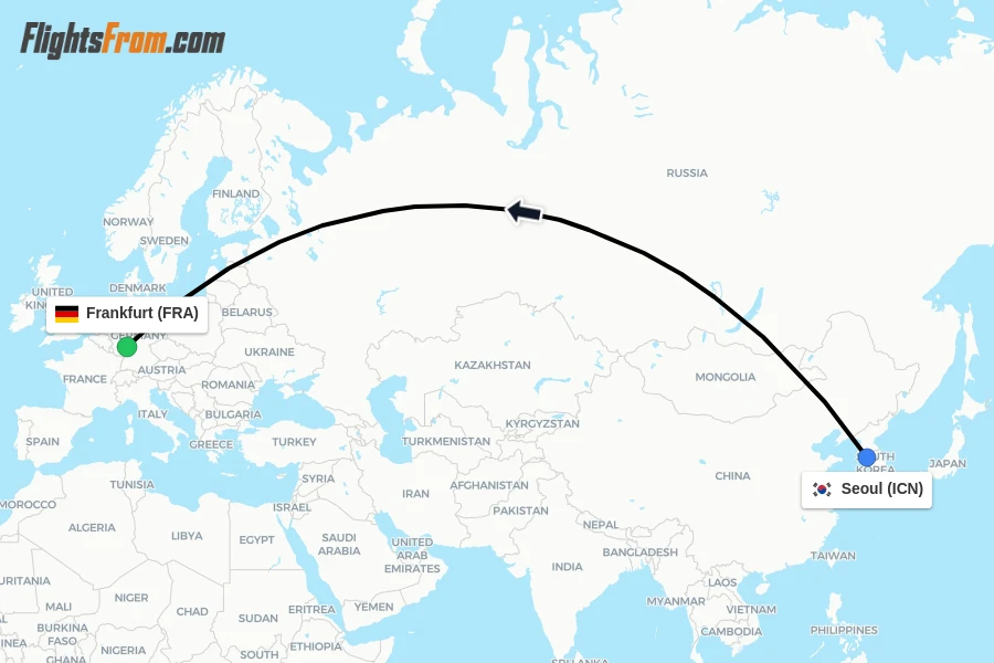 Flights from Seoul to Frankfurt route map
