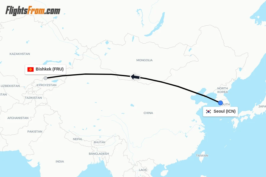 Flights from Seoul to Bishkek route map