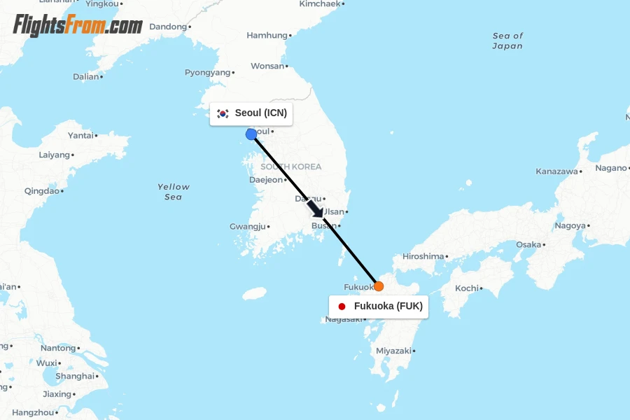Flights from Seoul to Fukuoka route map