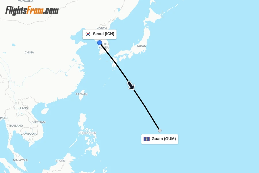 Flights from Seoul to Guam route map