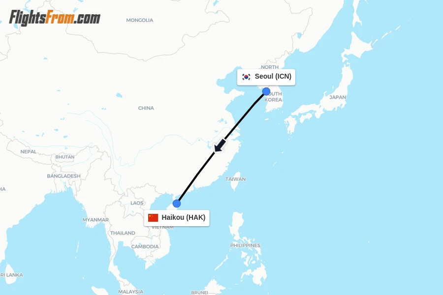 Flights from Seoul to Haikou route map