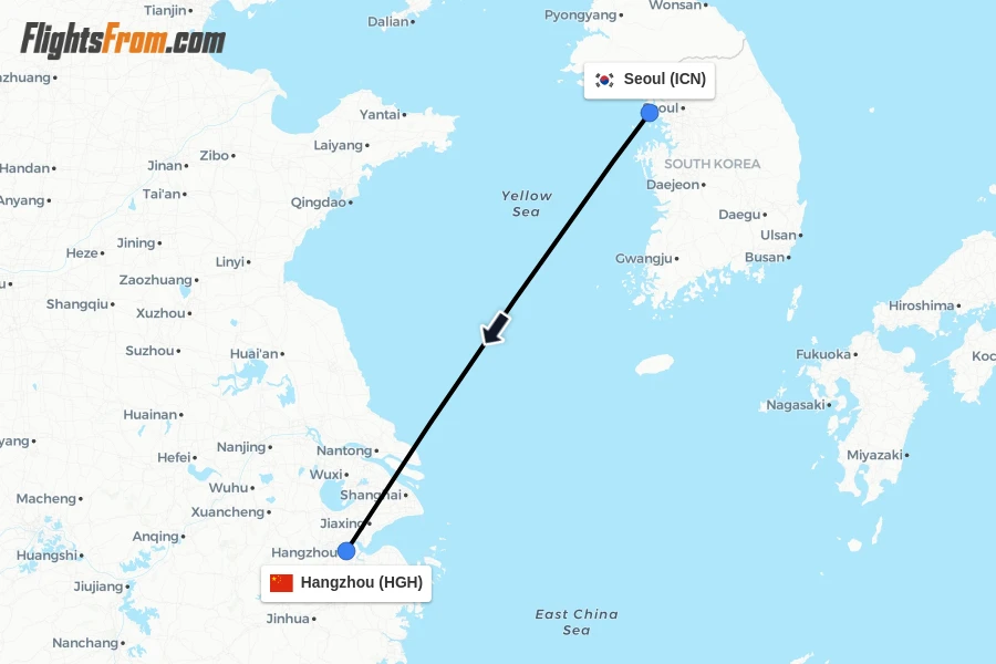 Flights from Seoul to Hangzhou route map
