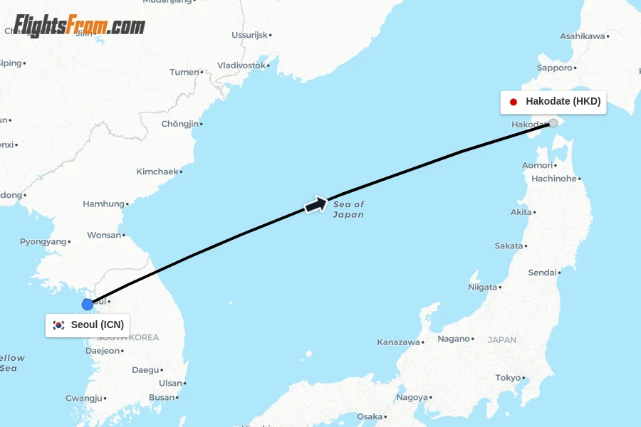 Flights from Seoul to Hakodate route map
