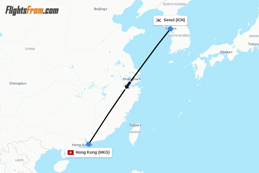 Flights from Seoul to Hong Kong route map