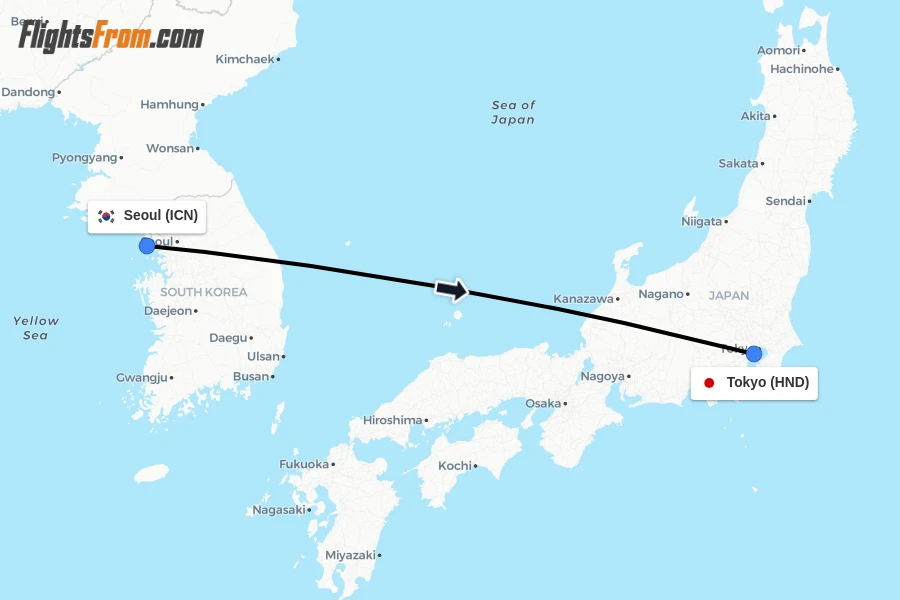 Flights from Seoul to Tokyo route map