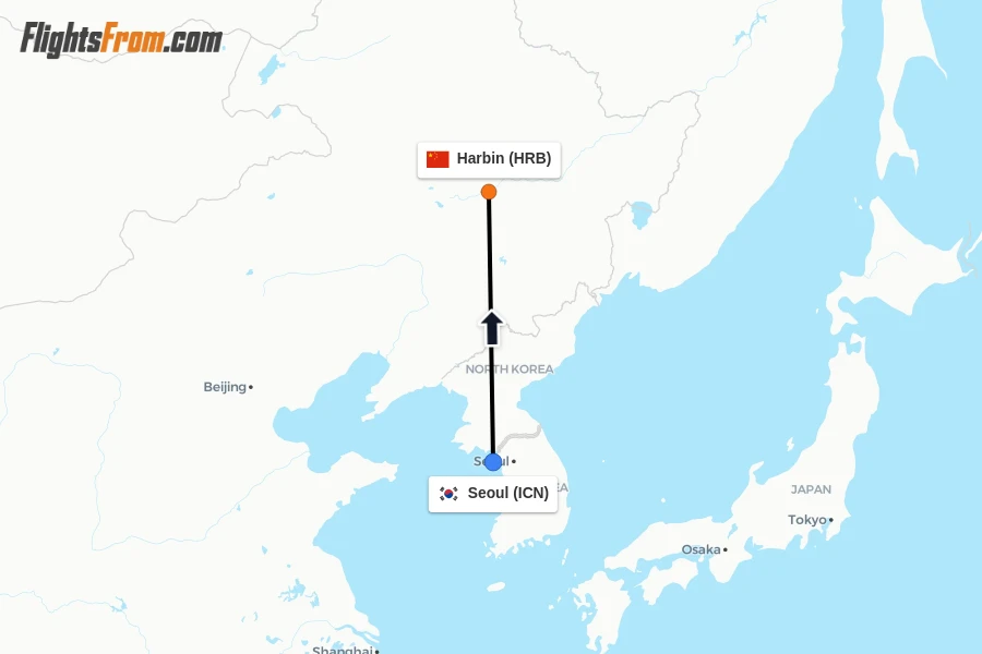 Flights from Seoul to Harbin route map
