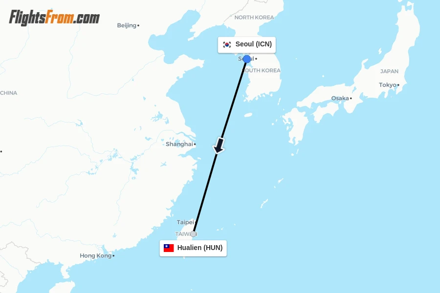 Flights from Seoul to Hualien route map