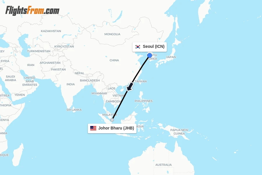 Flights from Seoul to Johor Bharu route map