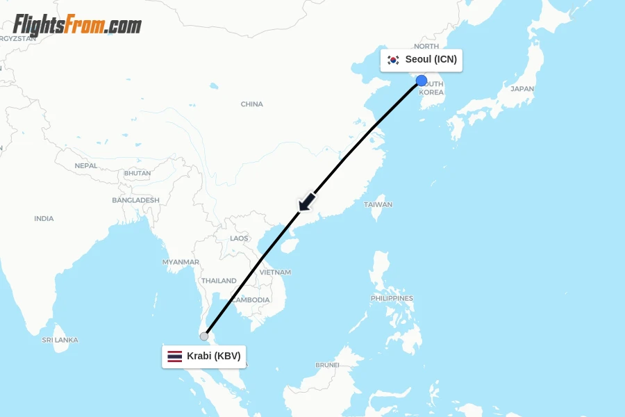 Flights from Seoul to Krabi route map