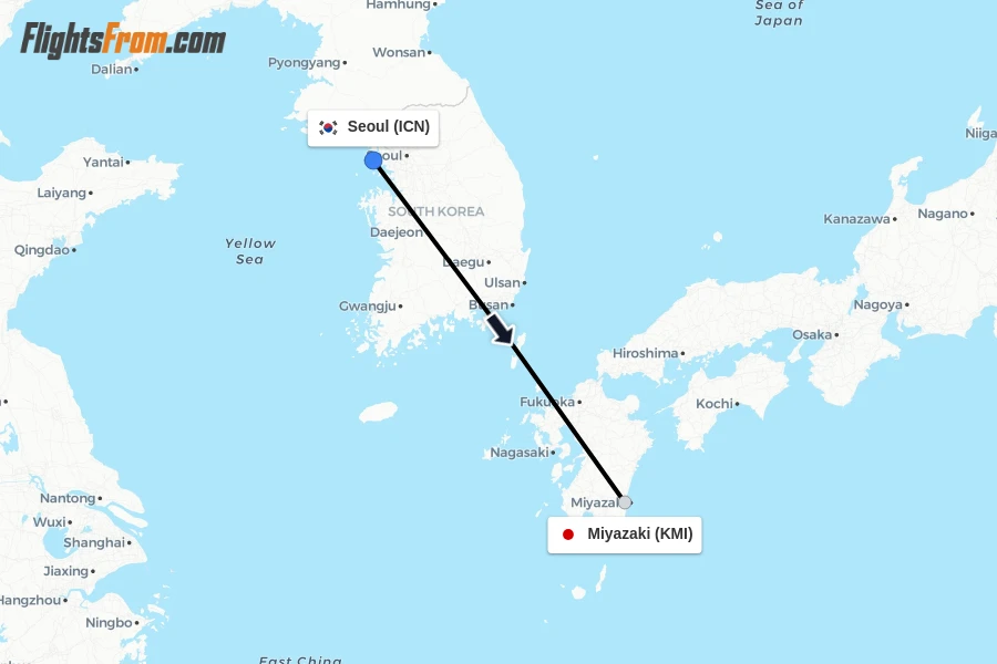 Flights from Seoul to Miyazaki route map