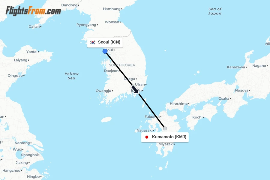 Flights from Seoul to Kumamoto route map